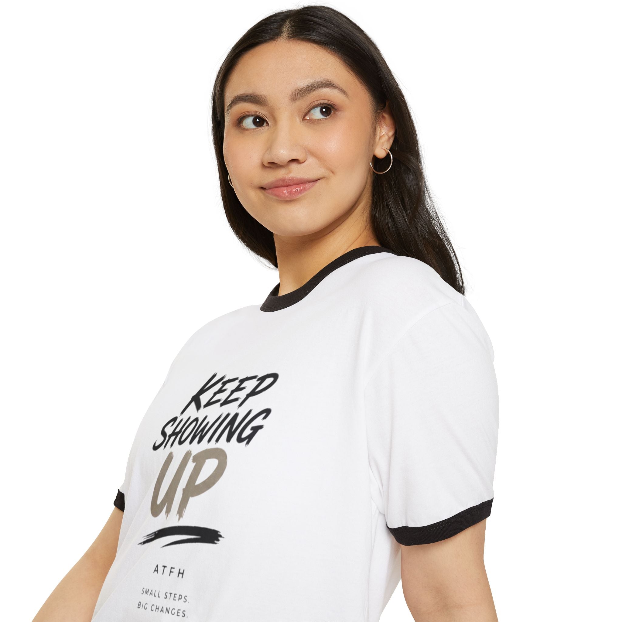Keep Showing Up Ringer T-Shirt — Motivational Graphic Tee Printify