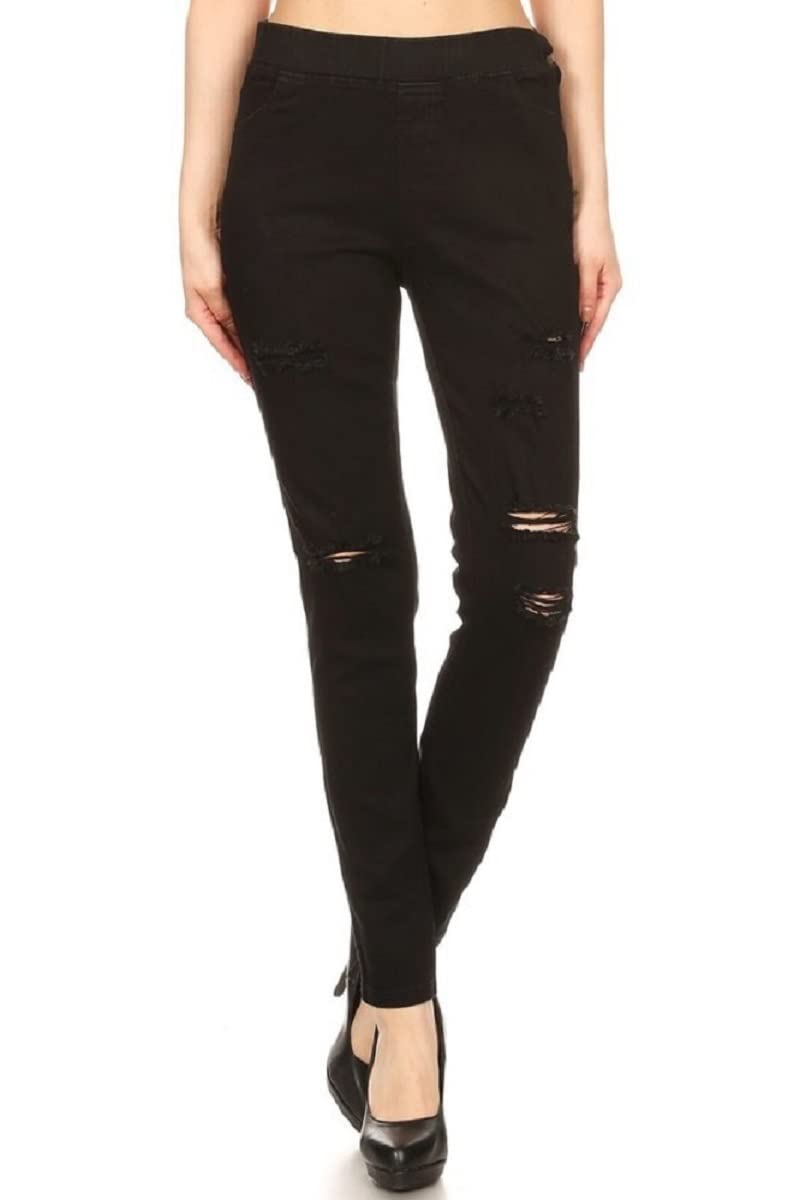 Jvini Women’s Stretch Denim Pull On Jeans with Pockets – Ripped Distressed Elastic Waist Jeggings Skinny Denim Pants
