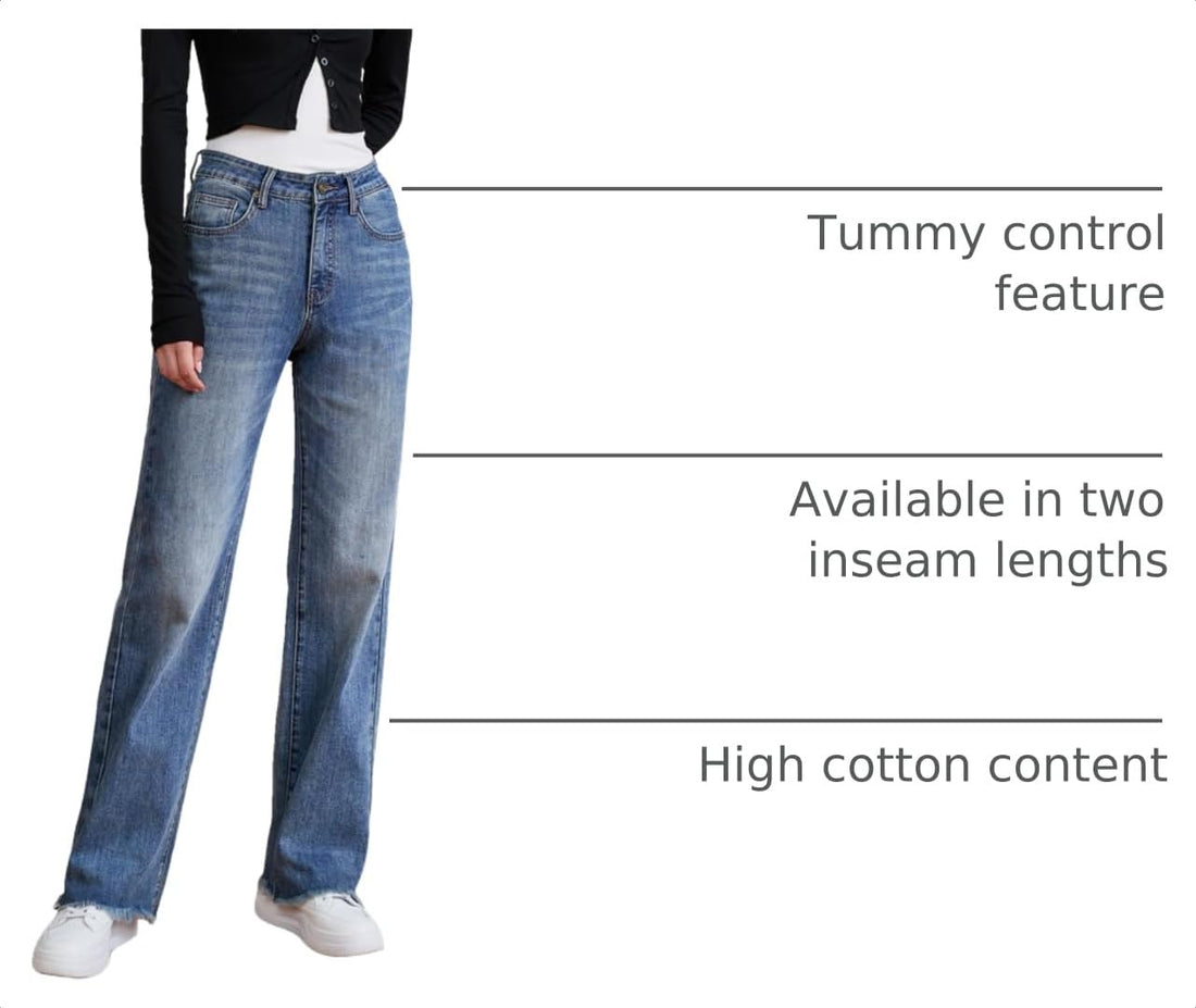 Womens High Waisted Jeans Stretchy Straight Leg Loose Fit Tummy Control Raw Hem Denim Pants Trendy Fashion