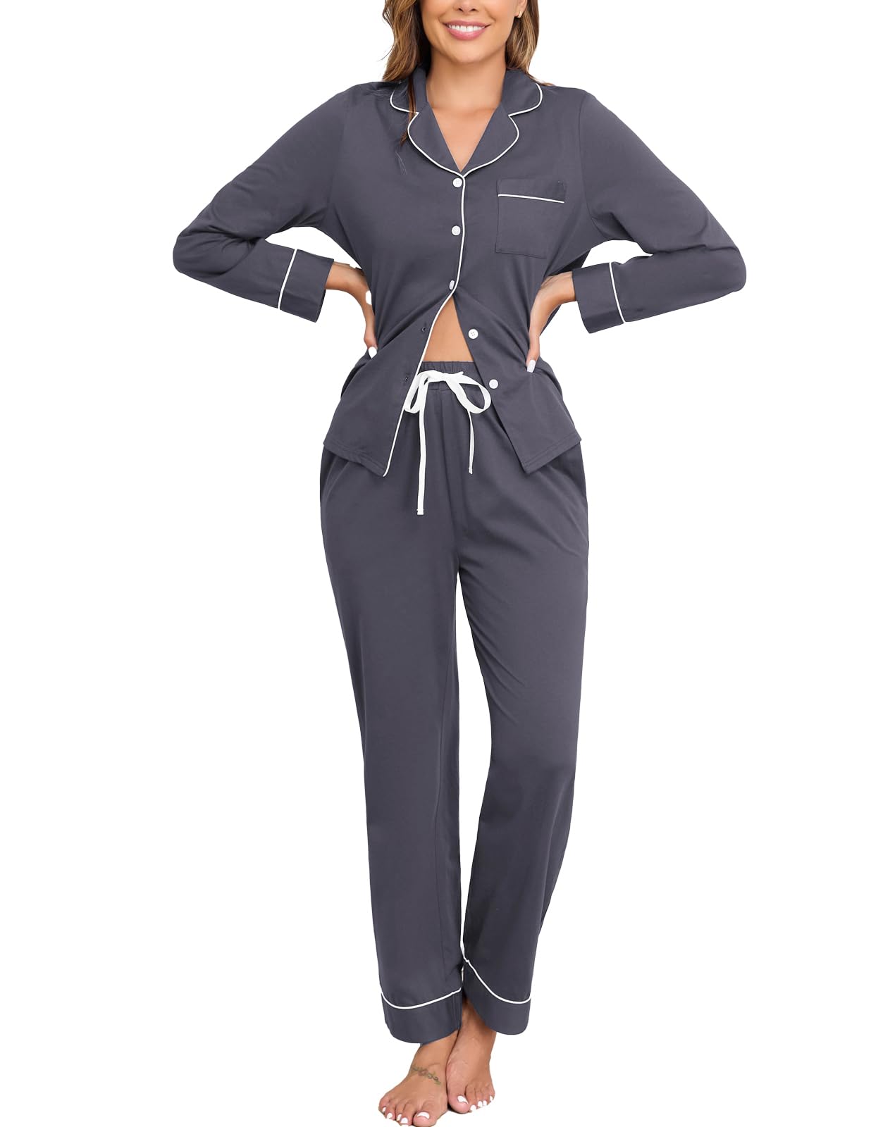 Veseacky 100% Cotton Women's Pajama Set Long Sleeve Button Down Sleepwear Soft Pjs Lounge Sets Nightwear Pjs XS-XXL