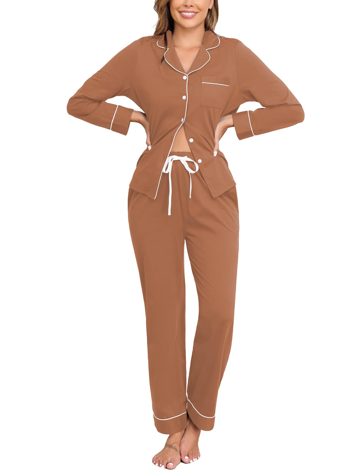 Veseacky 100% Cotton Women's Pajama Set Long Sleeve Button Down Sleepwear Soft Pjs Lounge Sets Nightwear Pjs XS-XXL