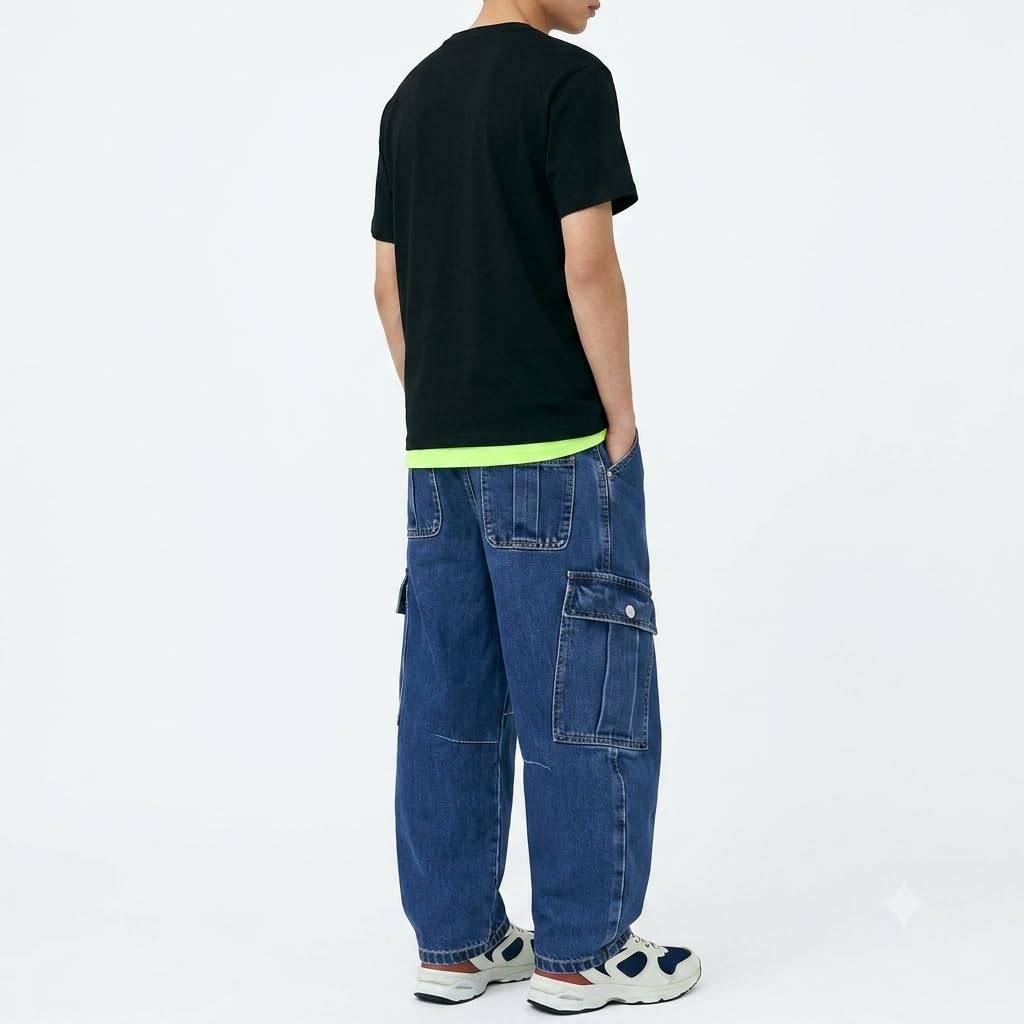 Baggy Jeans for Boys Cargo Jeans, Mid Rise Elastic Waist Multi-Pockets Denim Pants School Streetwear Size 8-12