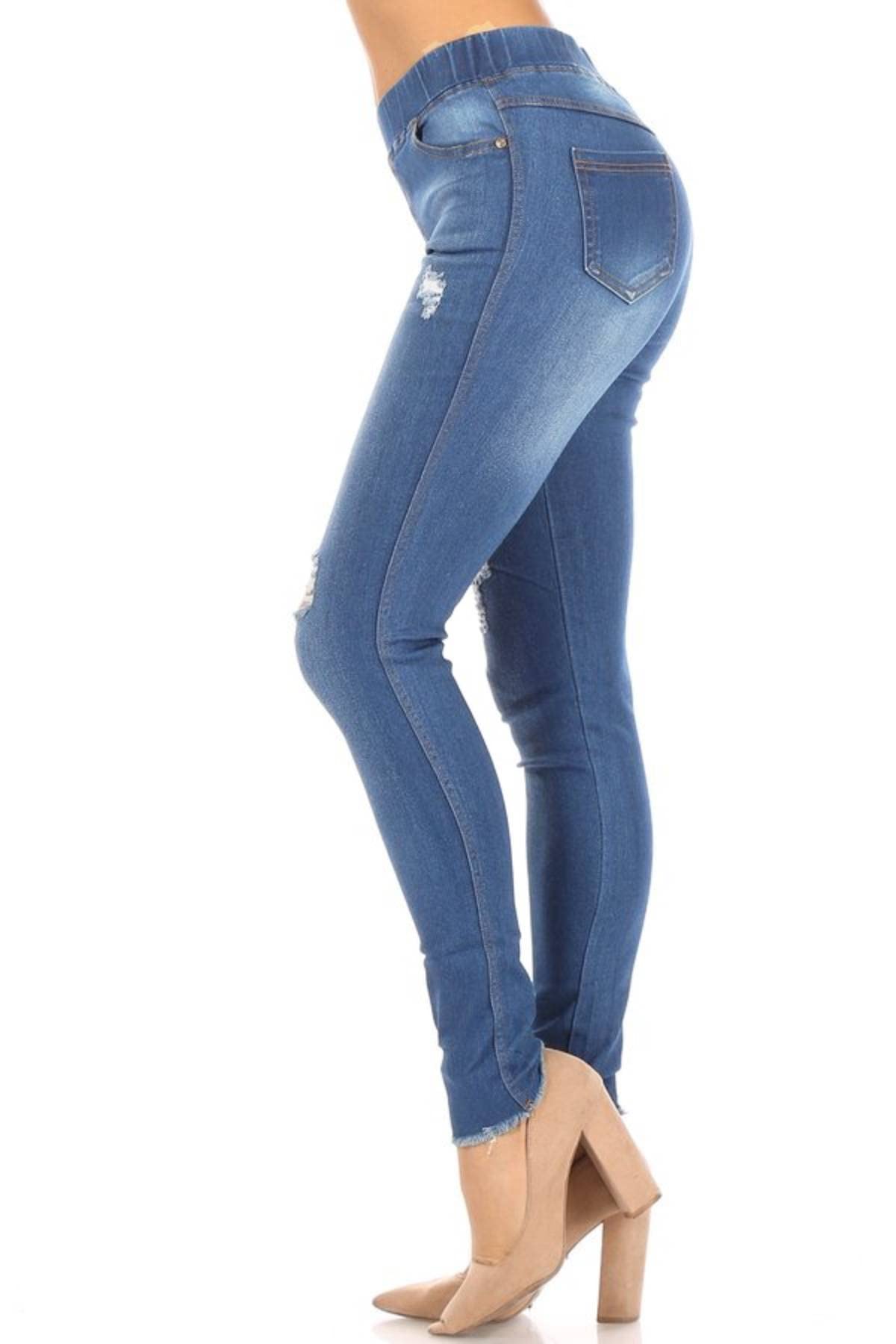 Jvini Women’s Stretch Denim Pull On Jeans with Pockets – Ripped Distressed Elastic Waist Jeggings Skinny Denim Pants
