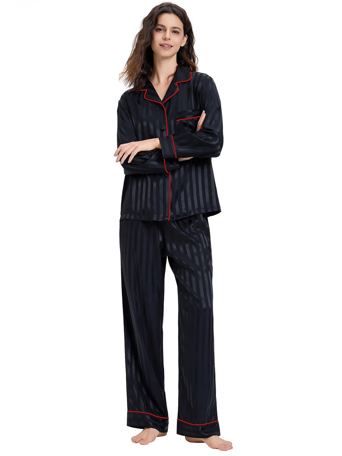 Lonxu Womens Satin Pajama Set Button Down Sleepwear Long Pj XS-3XL