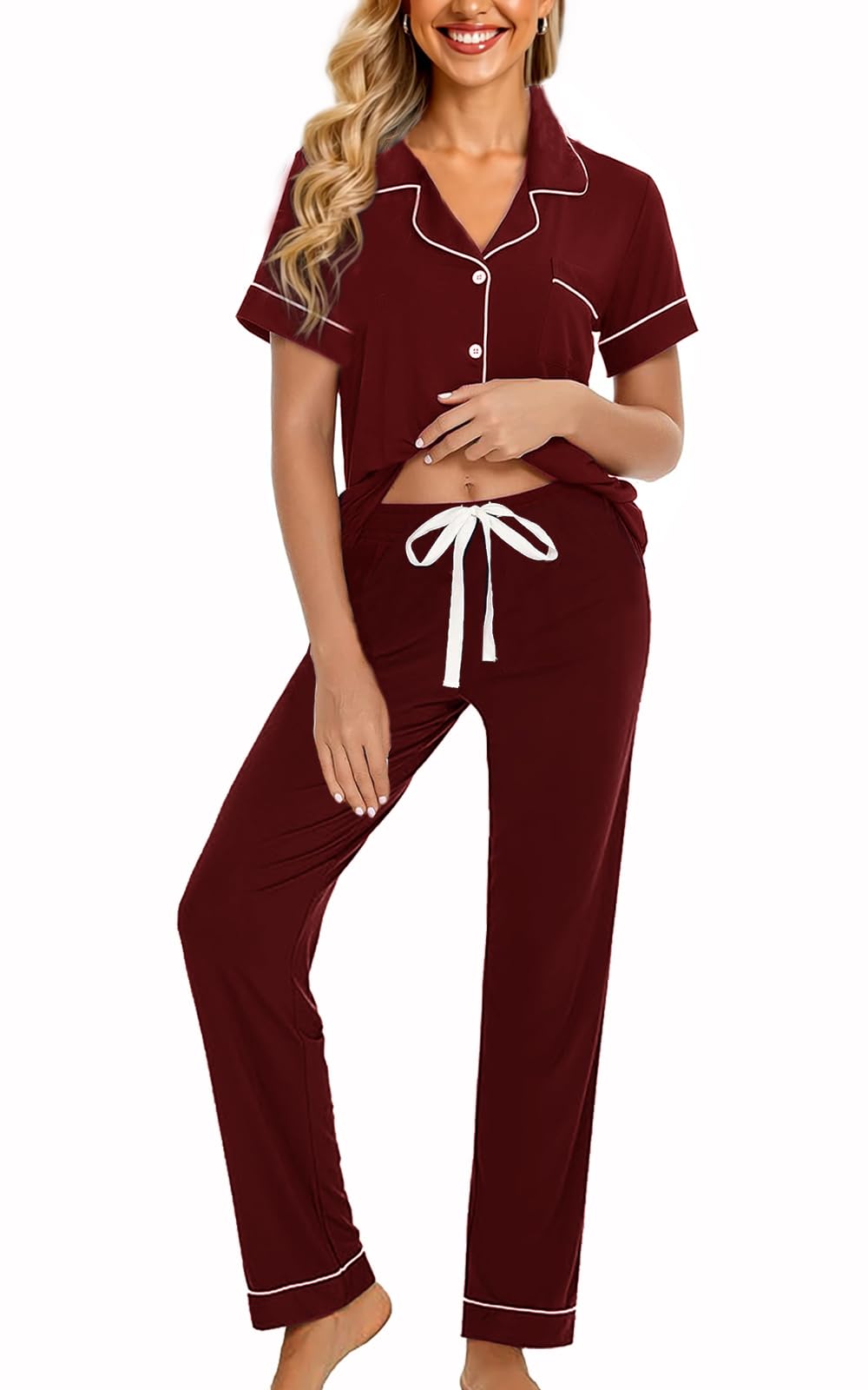 WJing Yi Jia Womens Soft Pajamas Set XS-XXL Button Down Sleepwear Short Sleeves Pajama sets with Long Pants Pj Set Nightwear