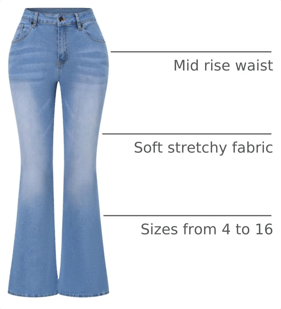 THUNDER STAR Womens Stretchy Mid Rise Flare Jeans Distressed Denim Bell Bottom Pants
