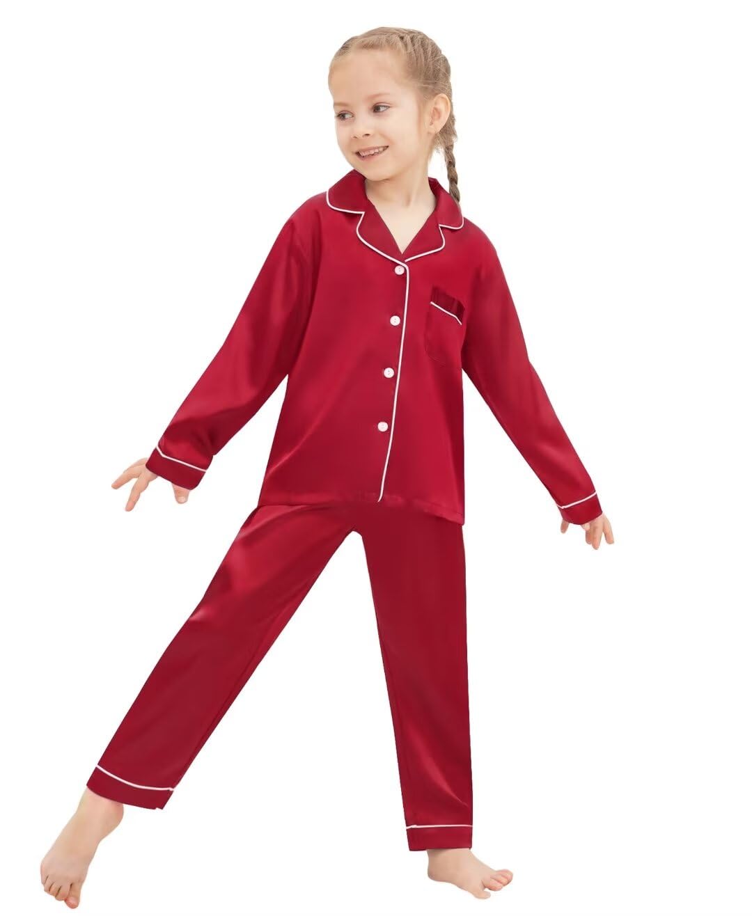 SWOMOG Family Matching Pajamas Set Silk Satin Button Down Sleepwear Long Sleeve Nightwear 2 Pcs Pj Set S-XXL