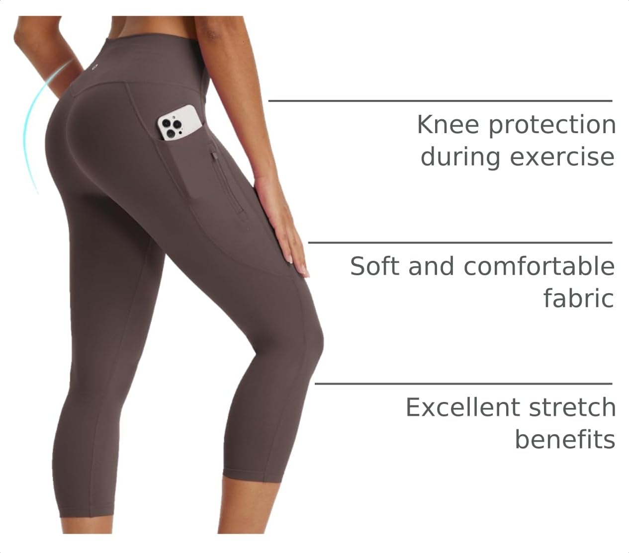 baleaf Women's Capri Leggings with 3 Pockets Tummy Control 21" Inseam Workout Capris Yoga Pants