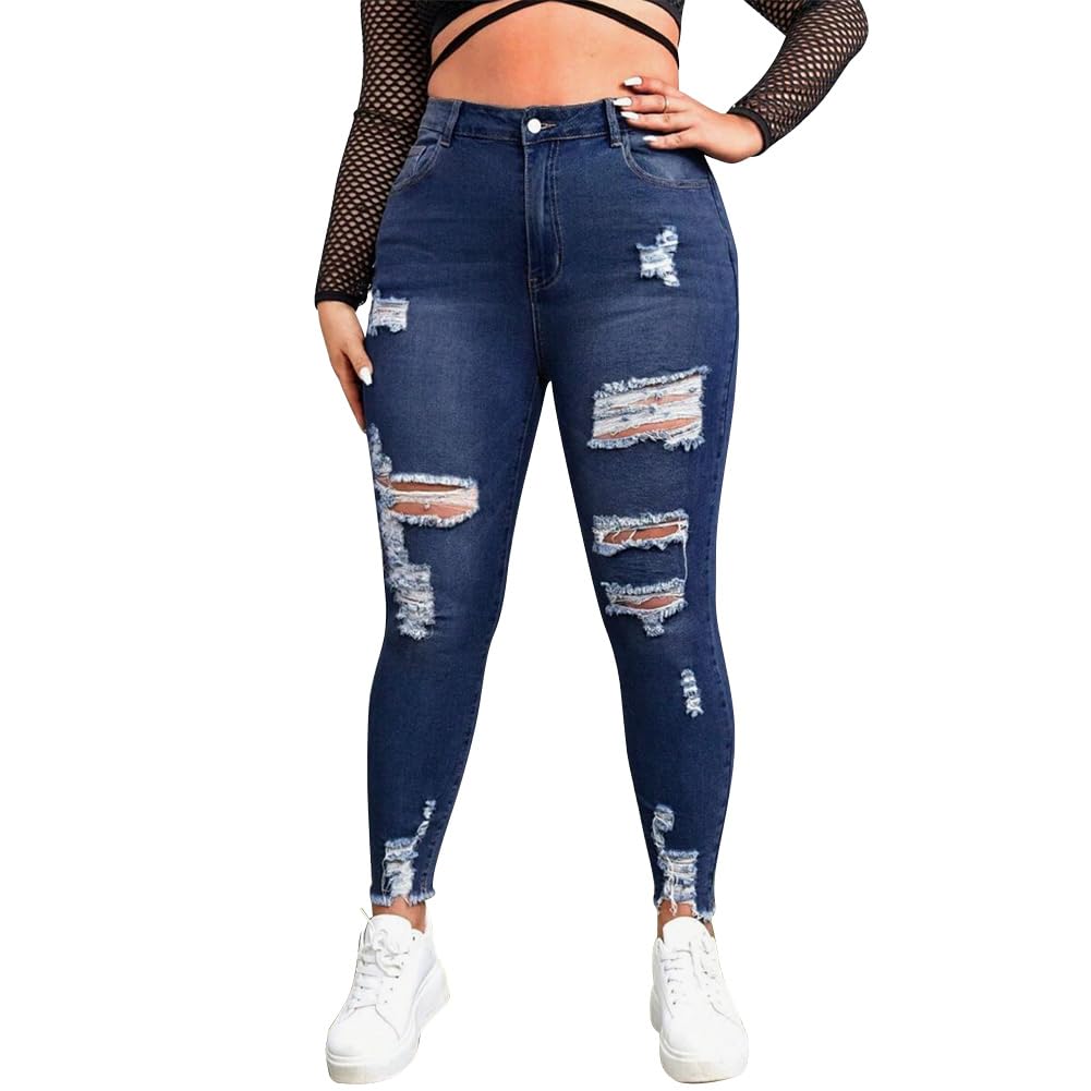 ALLABREVE Womens Plus Size Skinny Jeans Stretchy High Waisted Ankle Jean Ripped Slim Fit Washed Denim Distressed Tight Jean