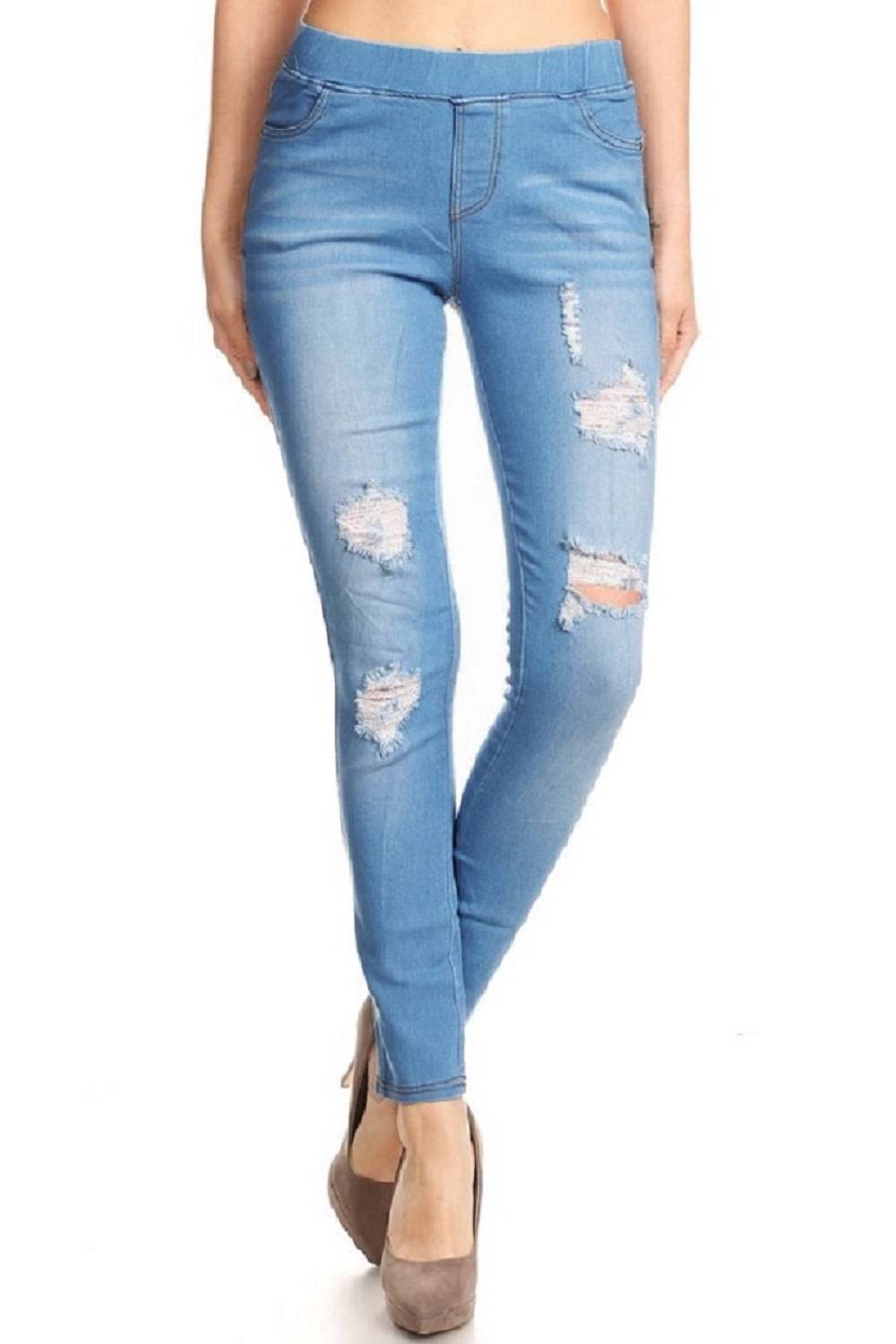 Jvini Women’s Stretch Denim Pull On Jeans with Pockets – Ripped Distressed Elastic Waist Jeggings Skinny Denim Pants