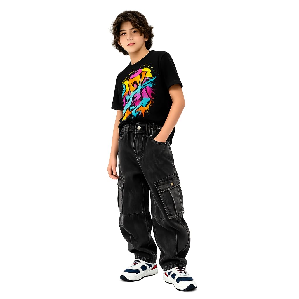 Baggy Jeans for Boys Cargo Jeans, Mid Rise Elastic Waist Multi-Pockets Denim Pants School Streetwear Size 8-12