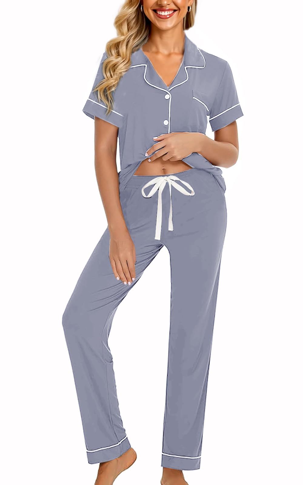 WJing Yi Jia Womens Soft Pajamas Set XS-XXL Button Down Sleepwear Short Sleeves Pajama sets with Long Pants Pj Set Nightwear