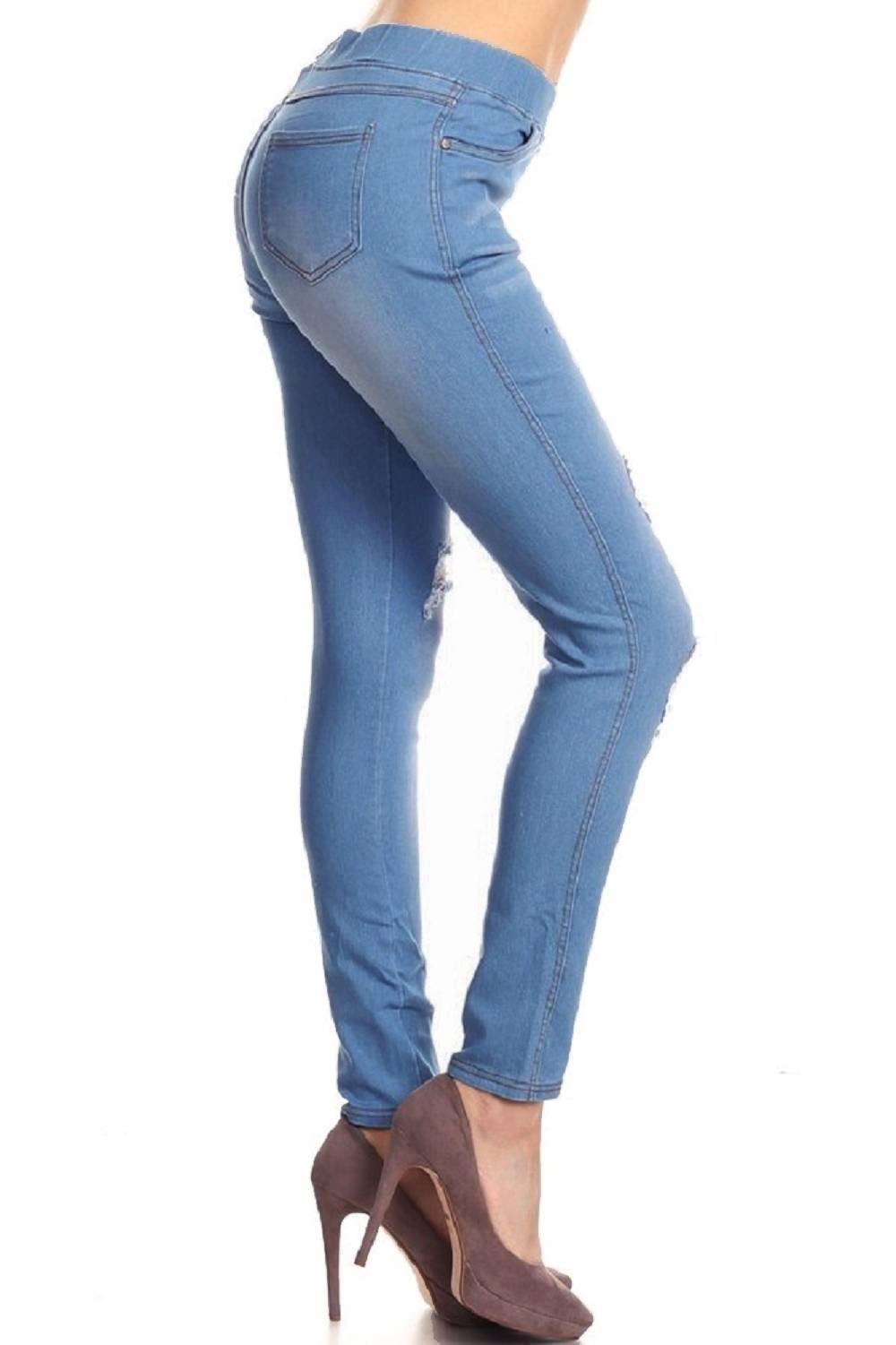 Jvini Women’s Stretch Denim Pull On Jeans with Pockets – Ripped Distressed Elastic Waist Jeggings Skinny Denim Pants