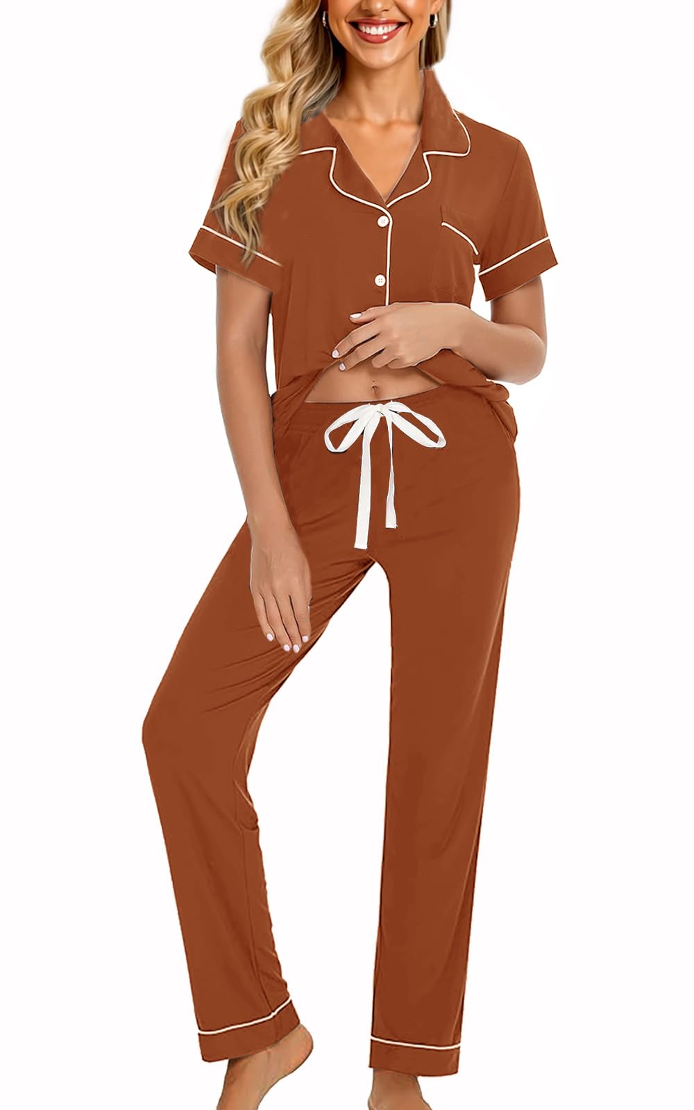 WJing Yi Jia Womens Soft Pajamas Set XS-XXL Button Down Sleepwear Short Sleeves Pajama sets with Long Pants Pj Set Nightwear