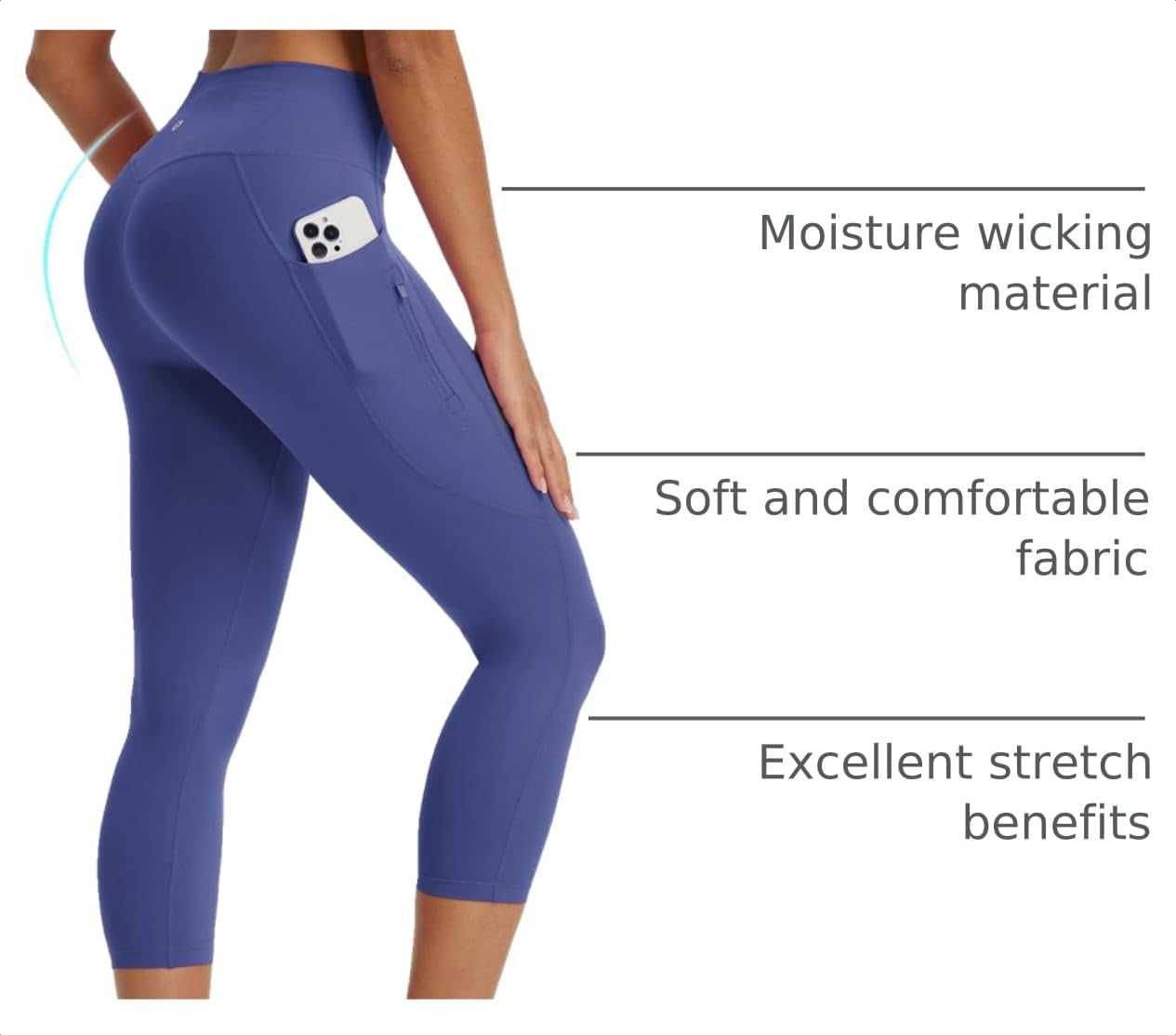 baleaf Women's Capri Leggings with 3 Pockets Tummy Control 21" Inseam Workout Capris Yoga Pants