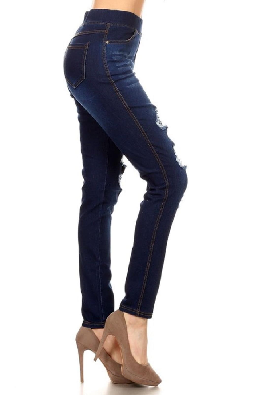 Jvini Women’s Stretch Denim Pull On Jeans with Pockets – Ripped Distressed Elastic Waist Jeggings Skinny Denim Pants