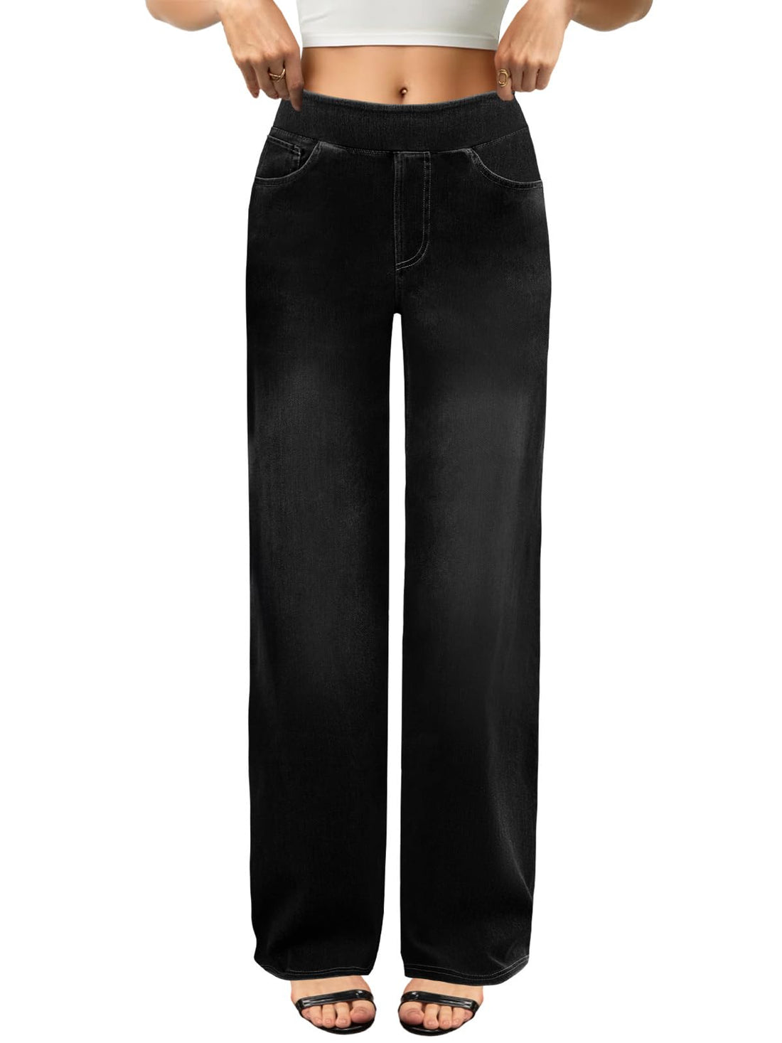 COPYLEAF Wide Leg Jeans Woman High Waisted Stretchy Baggy Sweatpant Jeans Pull On Straight Leg Loose Trendy Denim Pants