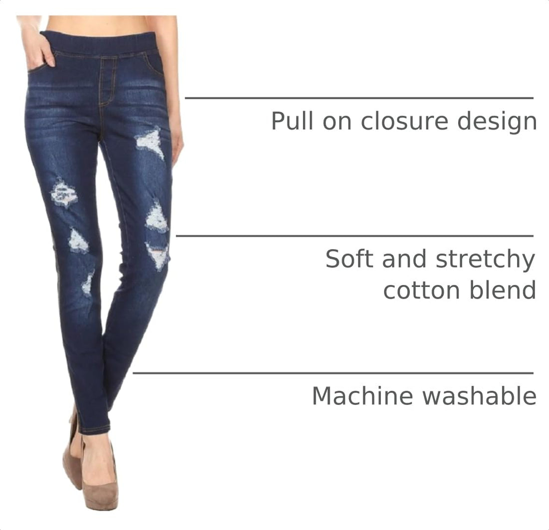 Jvini Women’s Stretch Denim Pull On Jeans with Pockets – Ripped Distressed Elastic Waist Jeggings Skinny Denim Pants
