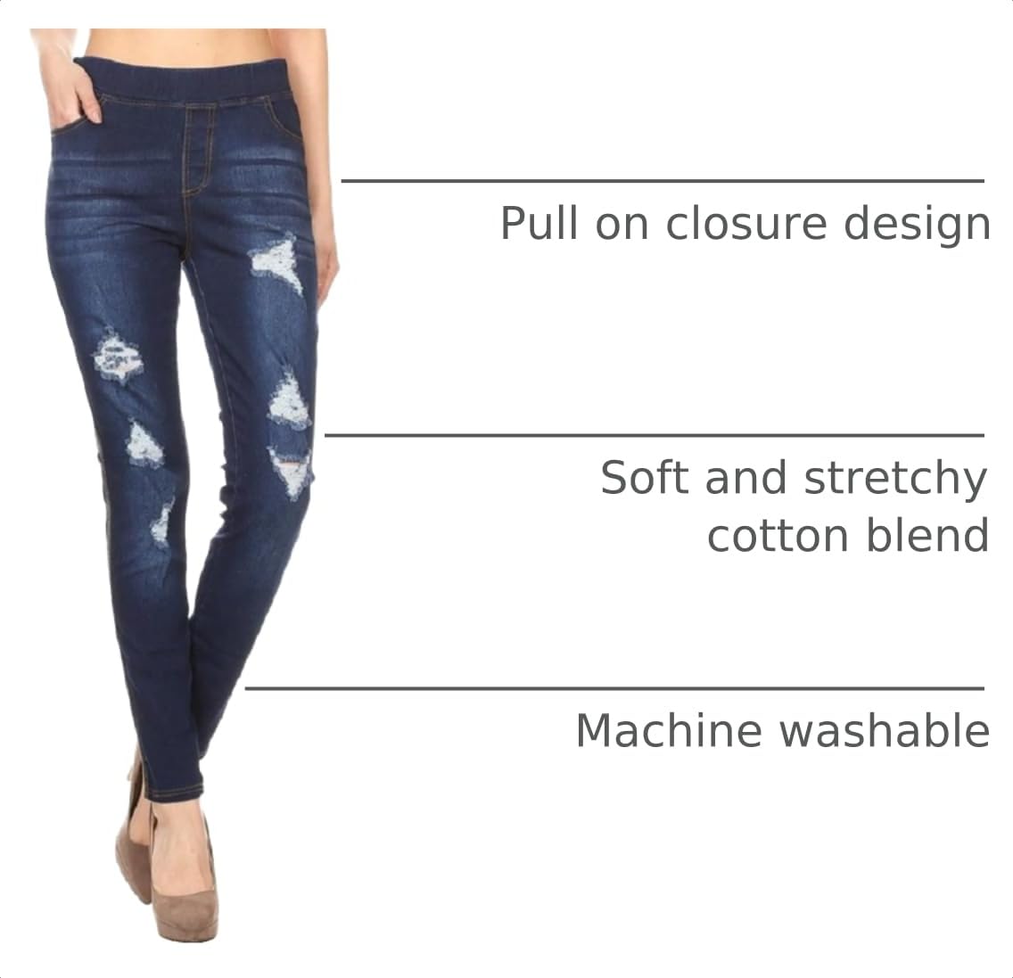 Jvini Women’s Stretch Denim Pull On Jeans with Pockets – Ripped Distressed Elastic Waist Jeggings Skinny Denim Pants