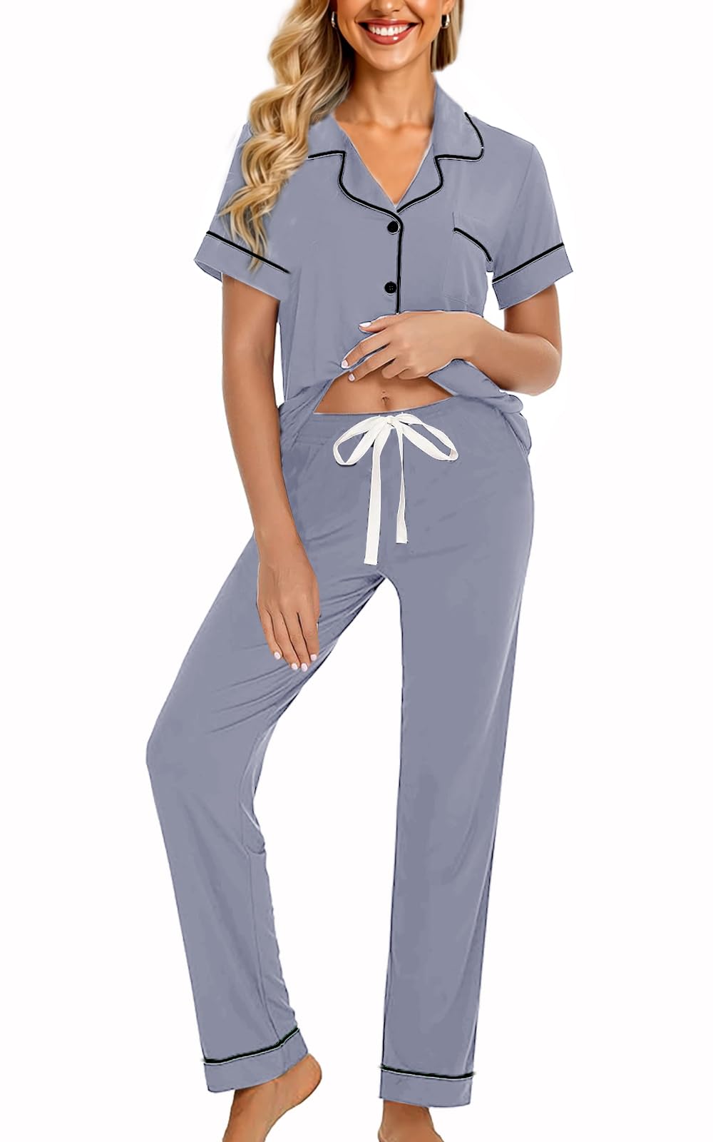 WJing Yi Jia Womens Soft Pajamas Set XS-XXL Button Down Sleepwear Short Sleeves Pajama sets with Long Pants Pj Set Nightwear