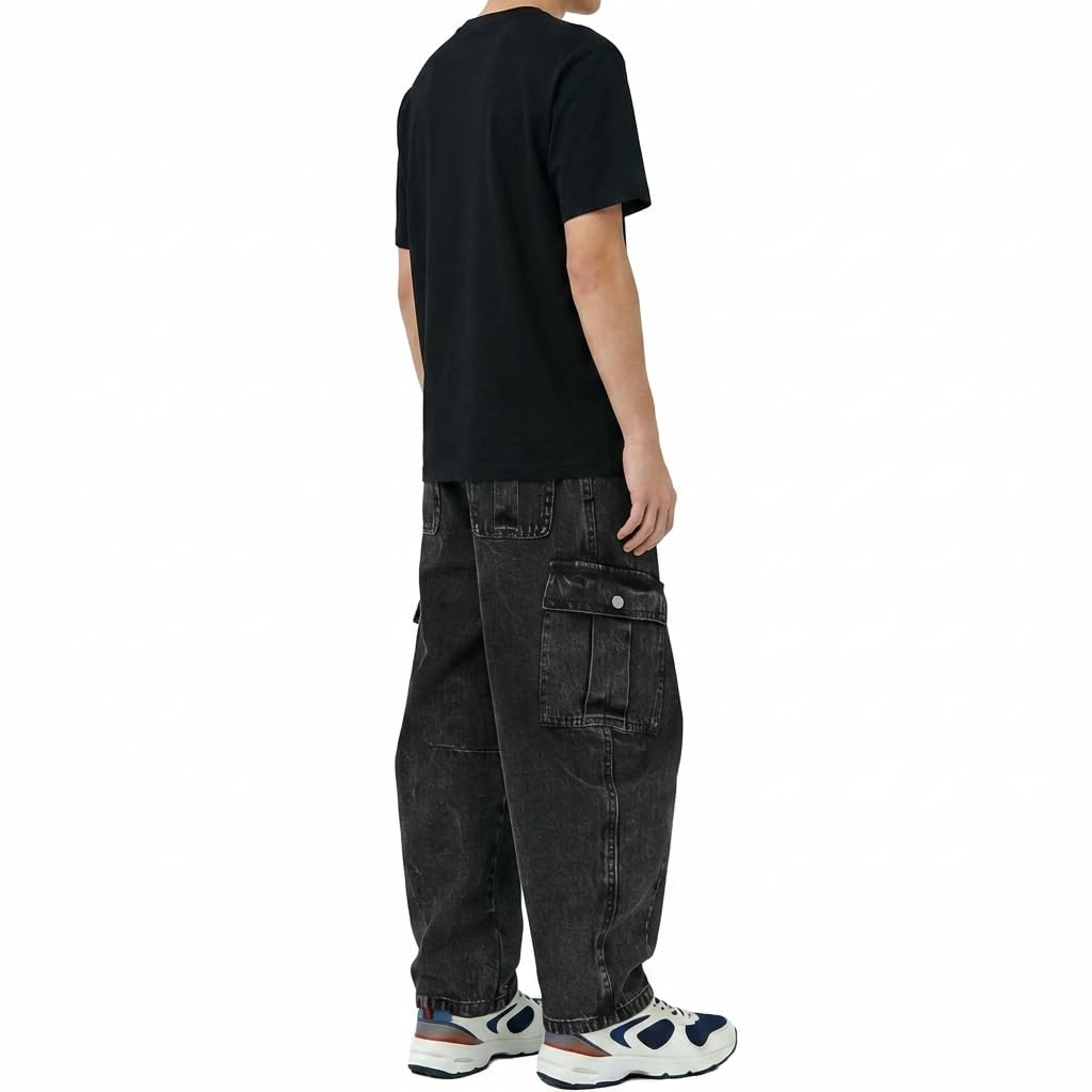 Baggy Jeans for Boys Cargo Jeans, Mid Rise Elastic Waist Multi-Pockets Denim Pants School Streetwear Size 8-12