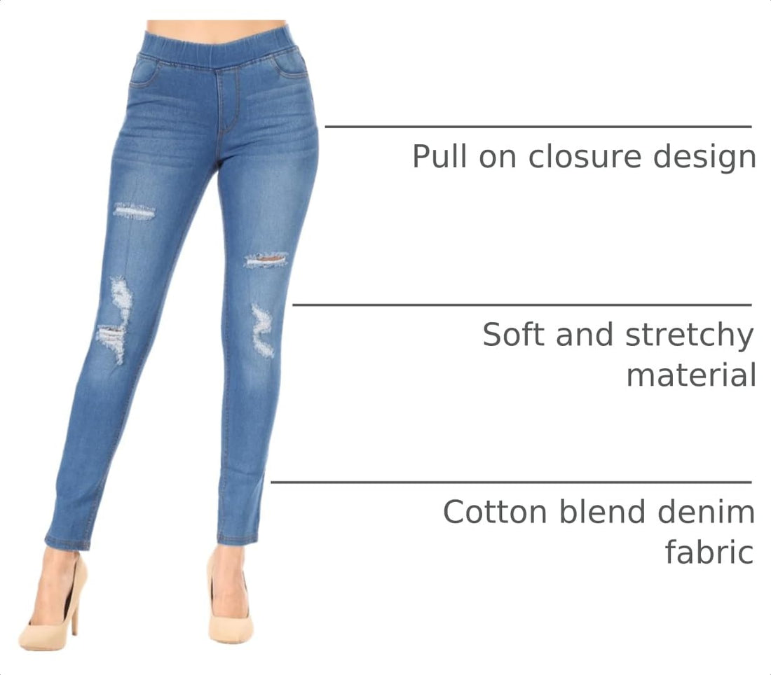 Jvini Women’s Stretch Denim Pull On Jeans with Pockets – Ripped Distressed Elastic Waist Jeggings Skinny Denim Pants