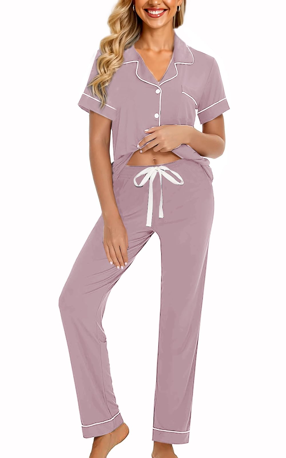 WJing Yi Jia Womens Soft Pajamas Set XS-XXL Button Down Sleepwear Short Sleeves Pajama sets with Long Pants Pj Set Nightwear