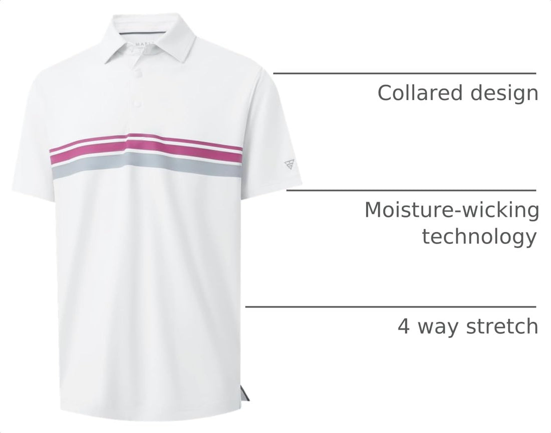 M MAELREG Mens Golf Shirts Short Sleeve Chest Print Stripe Moisture Wicking Dry Fit Casual Collared Mens Polo Shirts