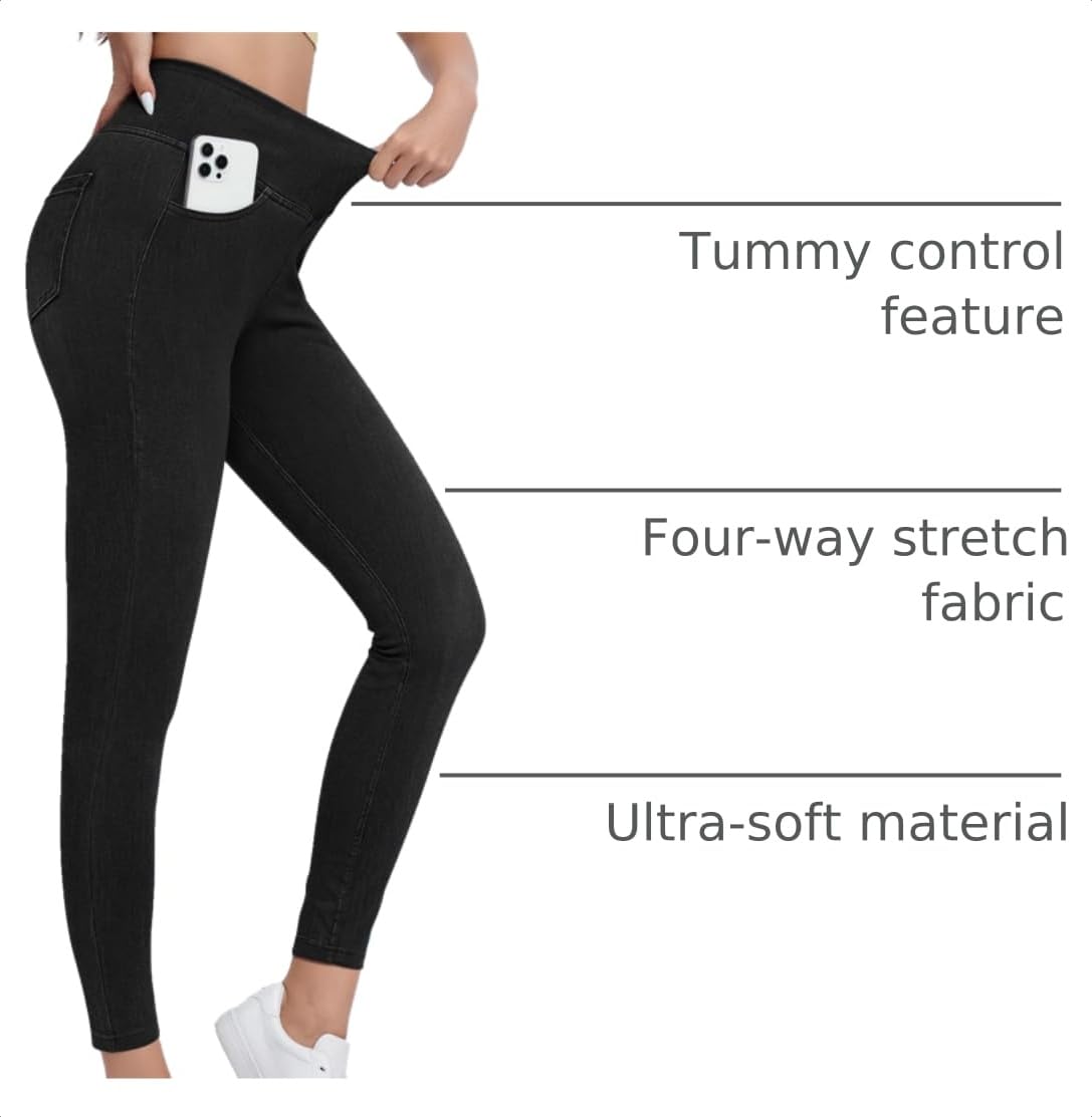 Jeggings for Women with Pockets Tummy Control Stretchy Skinny Jeans Pull On High Waisted Butt Lifting Denim Leggings