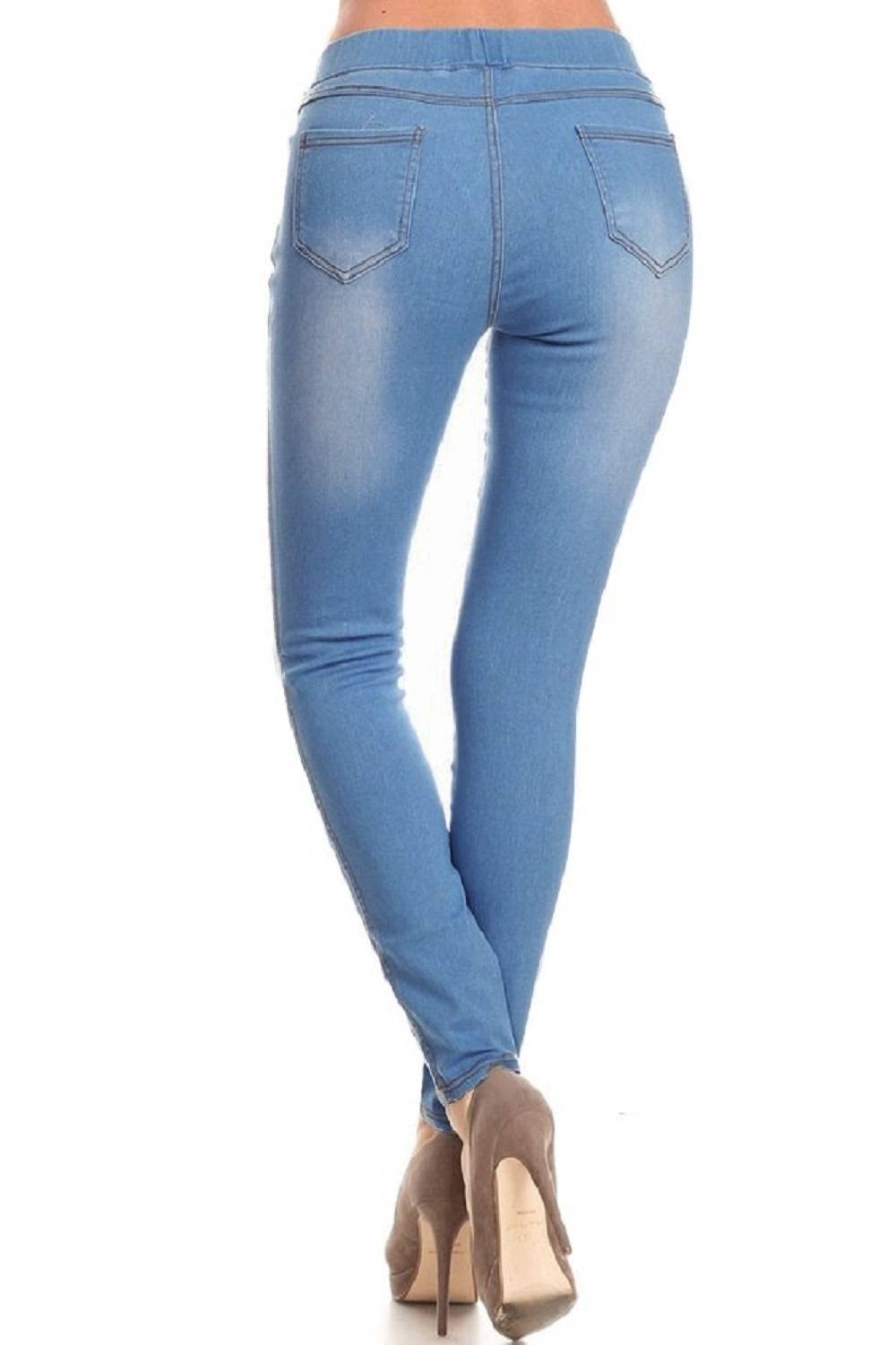 Jvini Women’s Stretch Denim Pull On Jeans with Pockets – Ripped Distressed Elastic Waist Jeggings Skinny Denim Pants