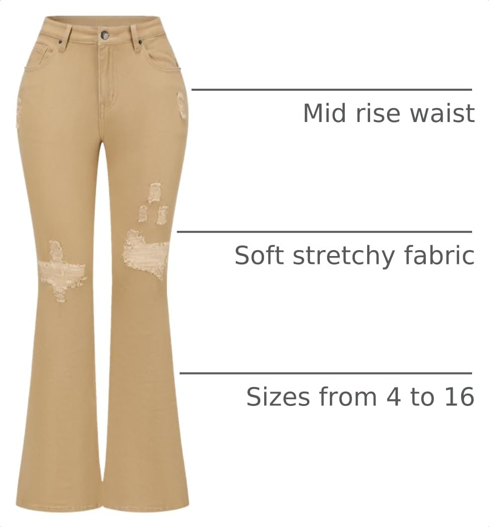 THUNDER STAR Womens Stretchy Mid Rise Flare Jeans Distressed Denim Bell Bottom Pants