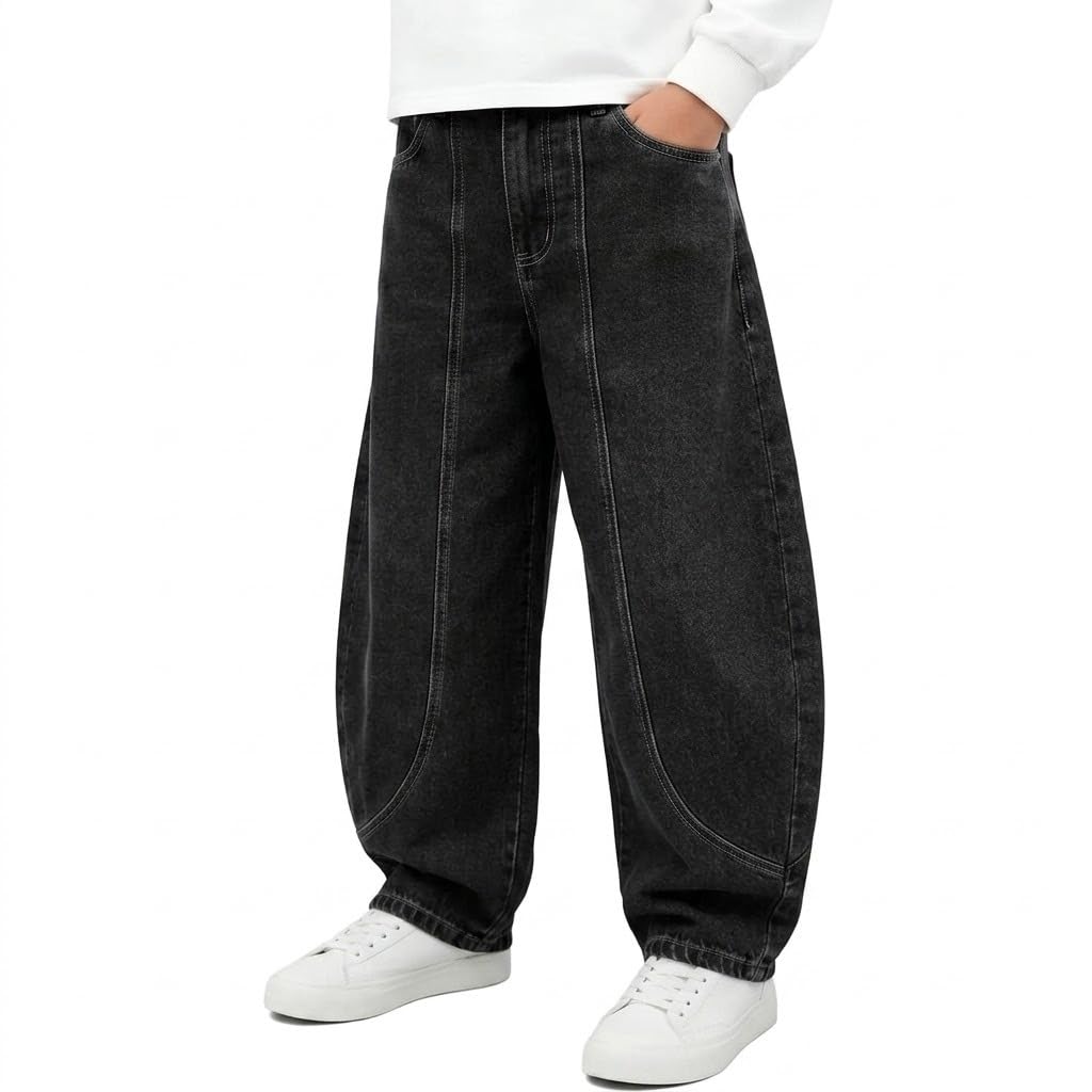 Baggy Jeans for Boys Cargo Jeans, Mid Rise Elastic Waist Multi-Pockets Denim Pants School Streetwear Size 8-12