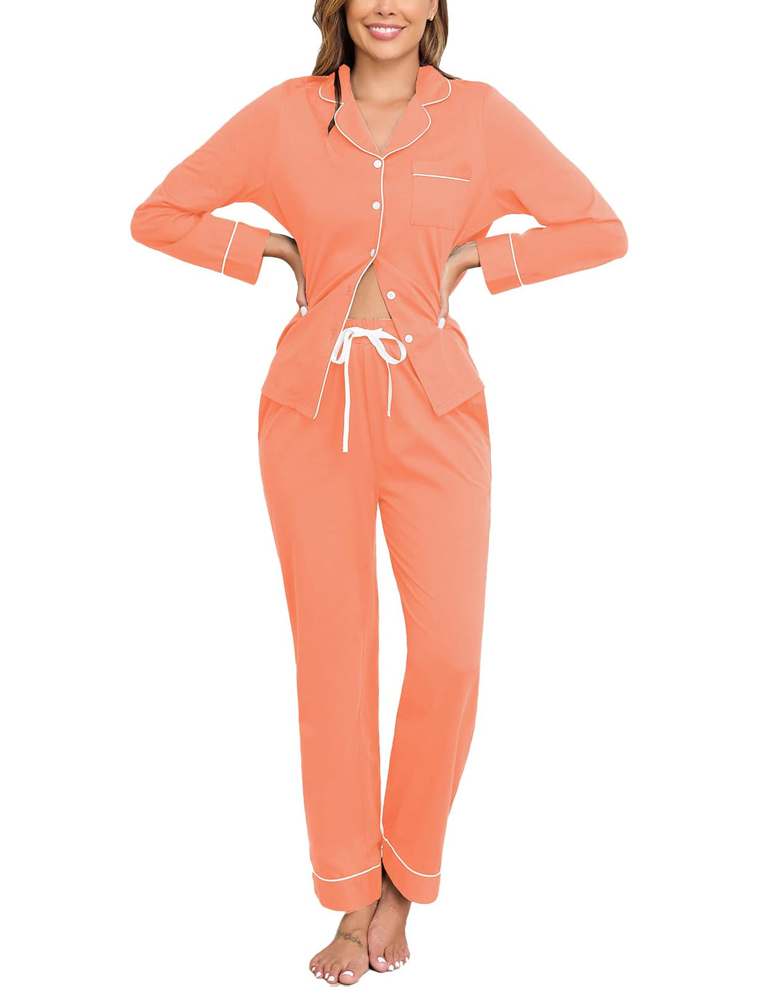 Veseacky 100% Cotton Women's Pajama Set Long Sleeve Button Down Sleepwear Soft Pjs Lounge Sets Nightwear Pjs XS-XXL