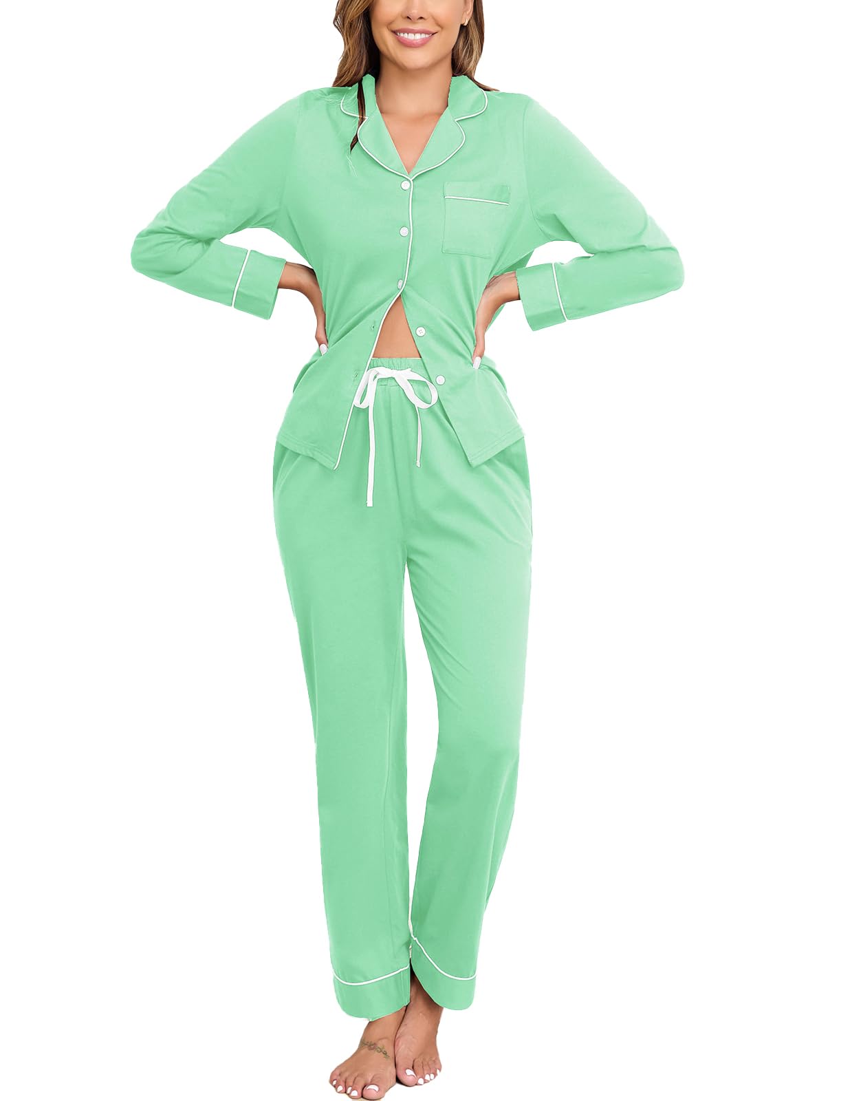 Veseacky 100% Cotton Women's Pajama Set Long Sleeve Button Down Sleepwear Soft Pjs Lounge Sets Nightwear Pjs XS-XXL