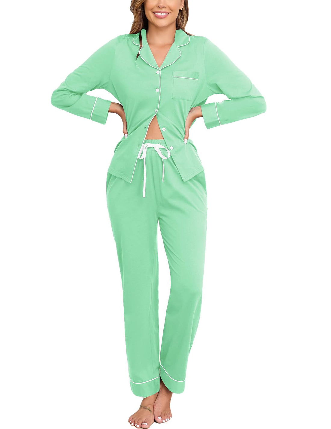 Veseacky 100% Cotton Women's Pajama Set Long Sleeve Button Down Sleepwear Soft Pjs Lounge Sets Nightwear Pjs XS-XXL
