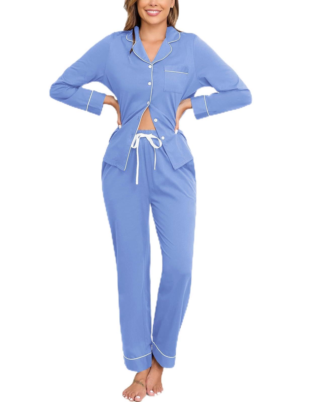 Veseacky 100% Cotton Women's Pajama Set Long Sleeve Button Down Sleepwear Soft Pjs Lounge Sets Nightwear Pjs XS-XXL