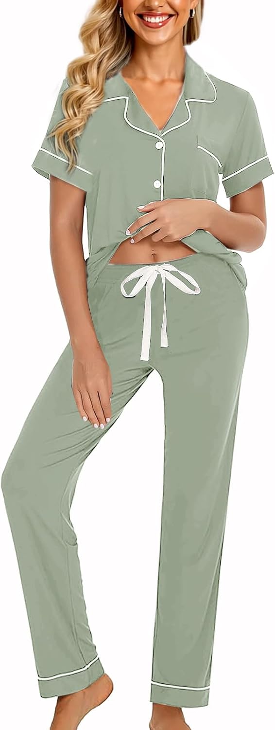 WJing Yi Jia Womens Soft Pajamas Set XS-XXL Button Down Sleepwear Short Sleeves Pajama sets with Long Pants Pj Set Nightwear