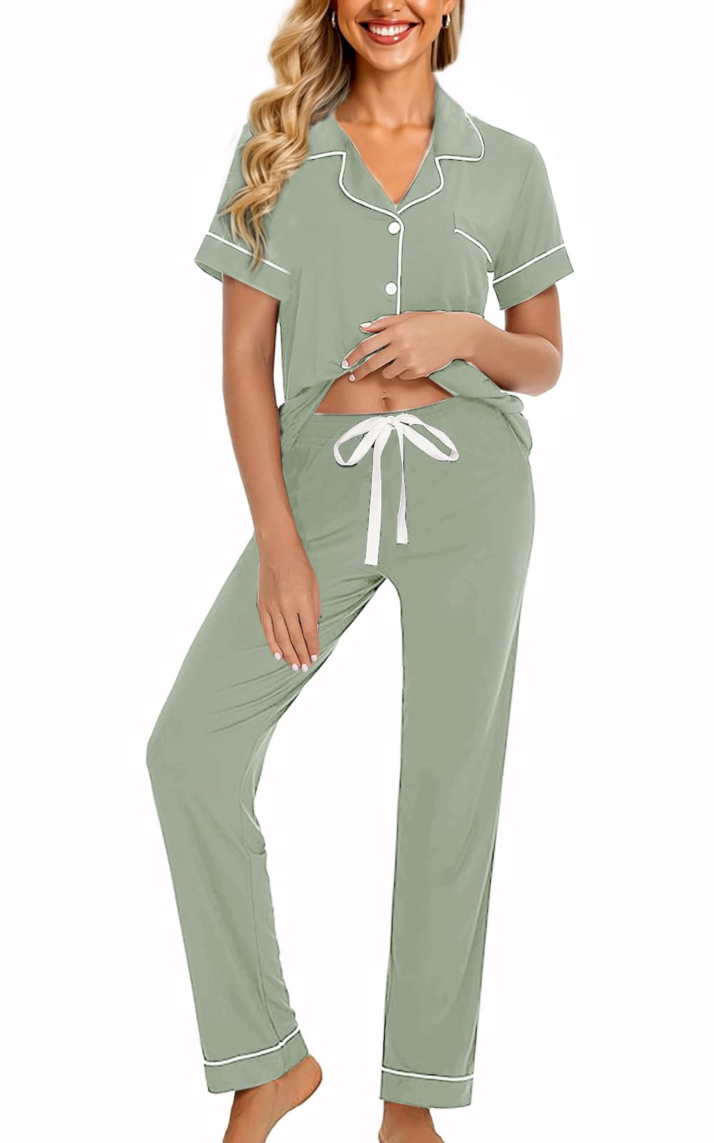 WJing Yi Jia Womens Soft Pajamas Set XS-XXL Button Down Sleepwear Short Sleeves Pajama sets with Long Pants Pj Set Nightwear