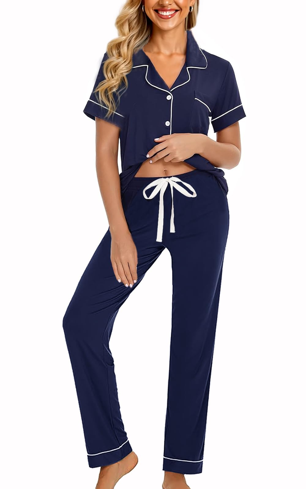 WJing Yi Jia Womens Soft Pajamas Set XS-XXL Button Down Sleepwear Short Sleeves Pajama sets with Long Pants Pj Set Nightwear