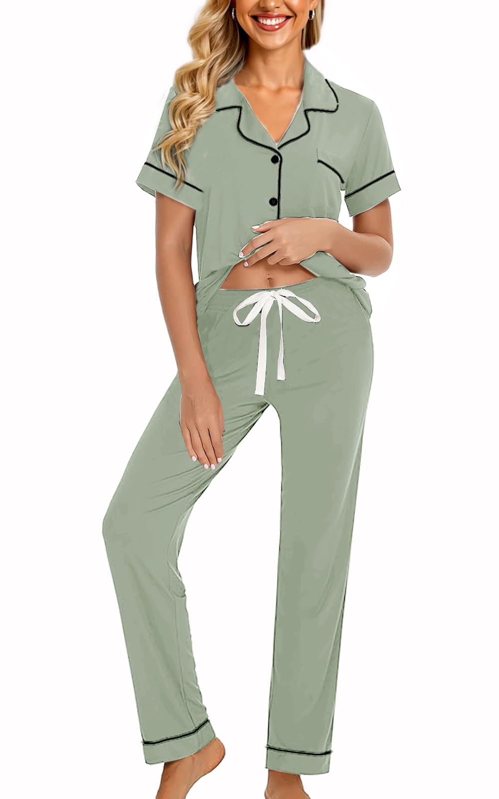 WJing Yi Jia Womens Soft Pajamas Set XS-XXL Button Down Sleepwear Short Sleeves Pajama sets with Long Pants Pj Set Nightwear