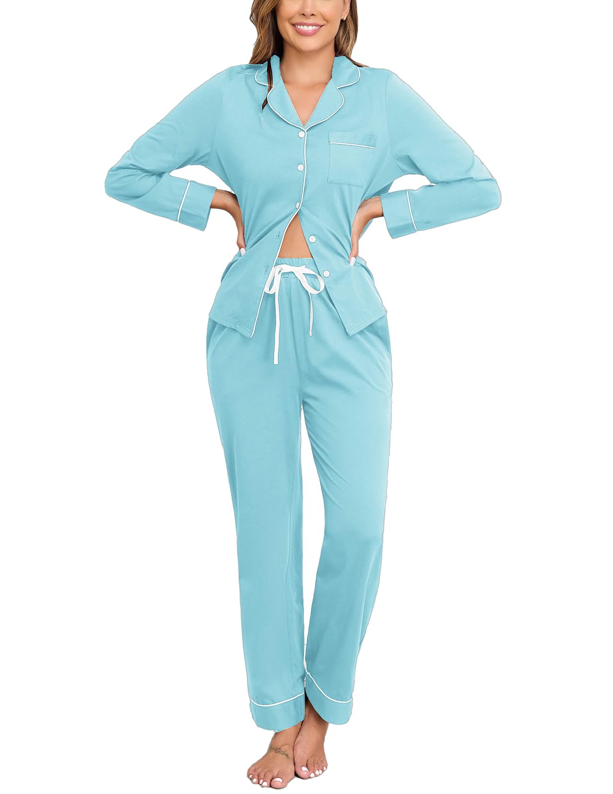Veseacky 100% Cotton Women's Pajama Set Long Sleeve Button Down Sleepwear Soft Pjs Lounge Sets Nightwear Pjs XS-XXL