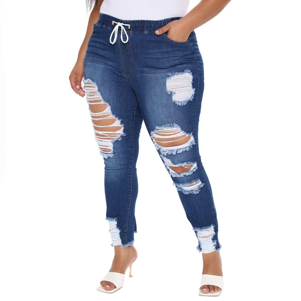 ALLABREVE Womens Plus Size Skinny Jeans Stretchy High Waisted Ankle Jean Ripped Slim Fit Washed Denim Distressed Tight Jean