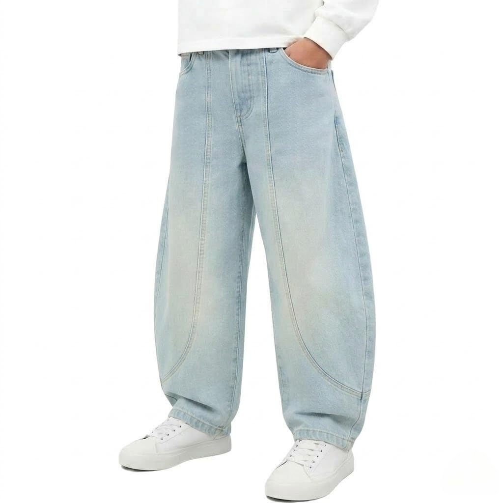 Baggy Jeans for Boys Cargo Jeans, Mid Rise Elastic Waist Multi-Pockets Denim Pants School Streetwear Size 8-12