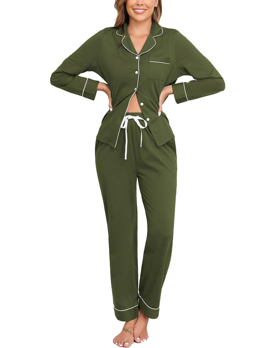 Veseacky 100% Cotton Women's Pajama Set Long Sleeve Button Down Sleepwear Soft Pjs Lounge Sets Nightwear Pjs XS-XXL