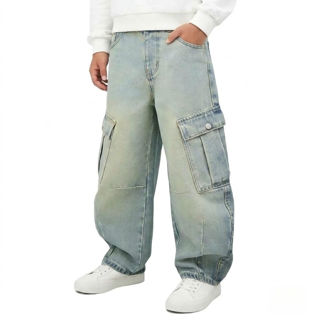 Baggy Jeans for Boys Cargo Jeans, Mid Rise Elastic Waist Multi-Pockets Denim Pants School Streetwear Size 8-12
