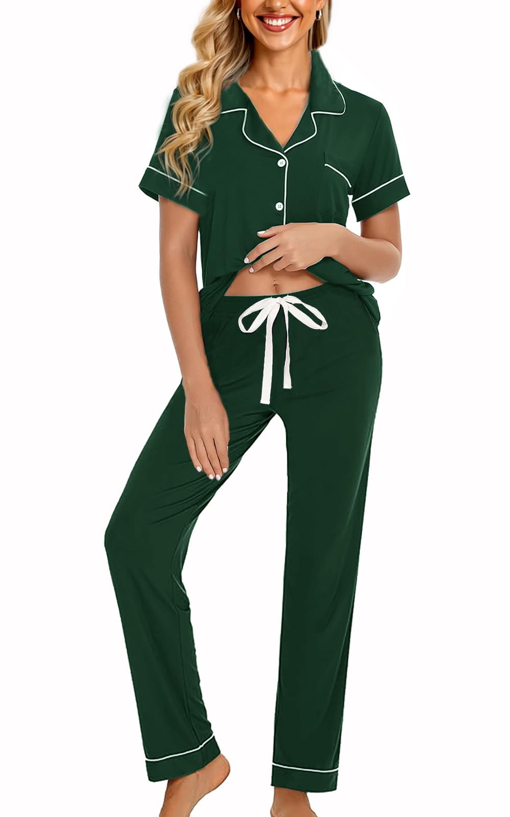 WJing Yi Jia Womens Soft Pajamas Set XS-XXL Button Down Sleepwear Short Sleeves Pajama sets with Long Pants Pj Set Nightwear
