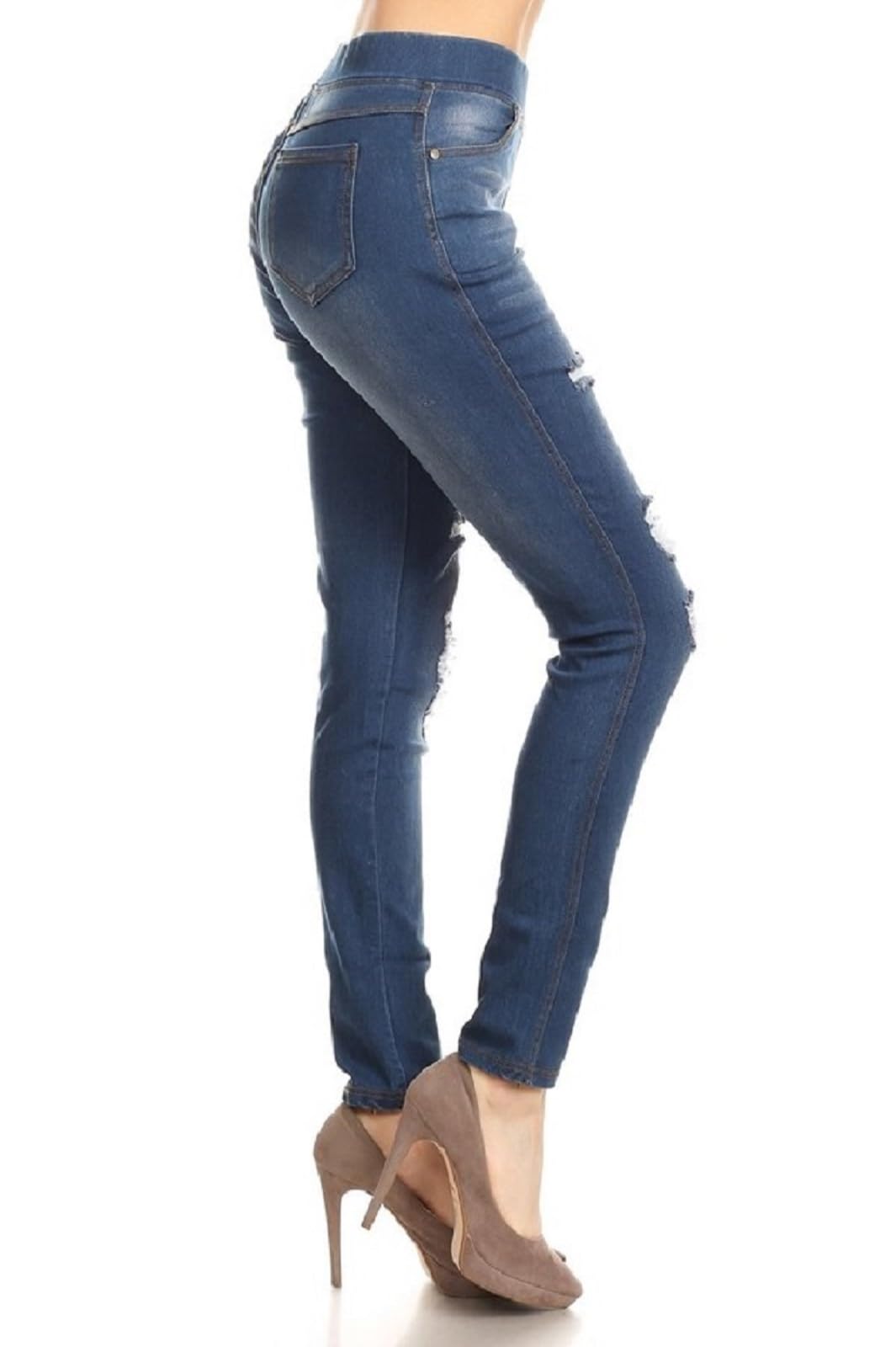 Jvini Women’s Stretch Denim Pull On Jeans with Pockets – Ripped Distressed Elastic Waist Jeggings Skinny Denim Pants