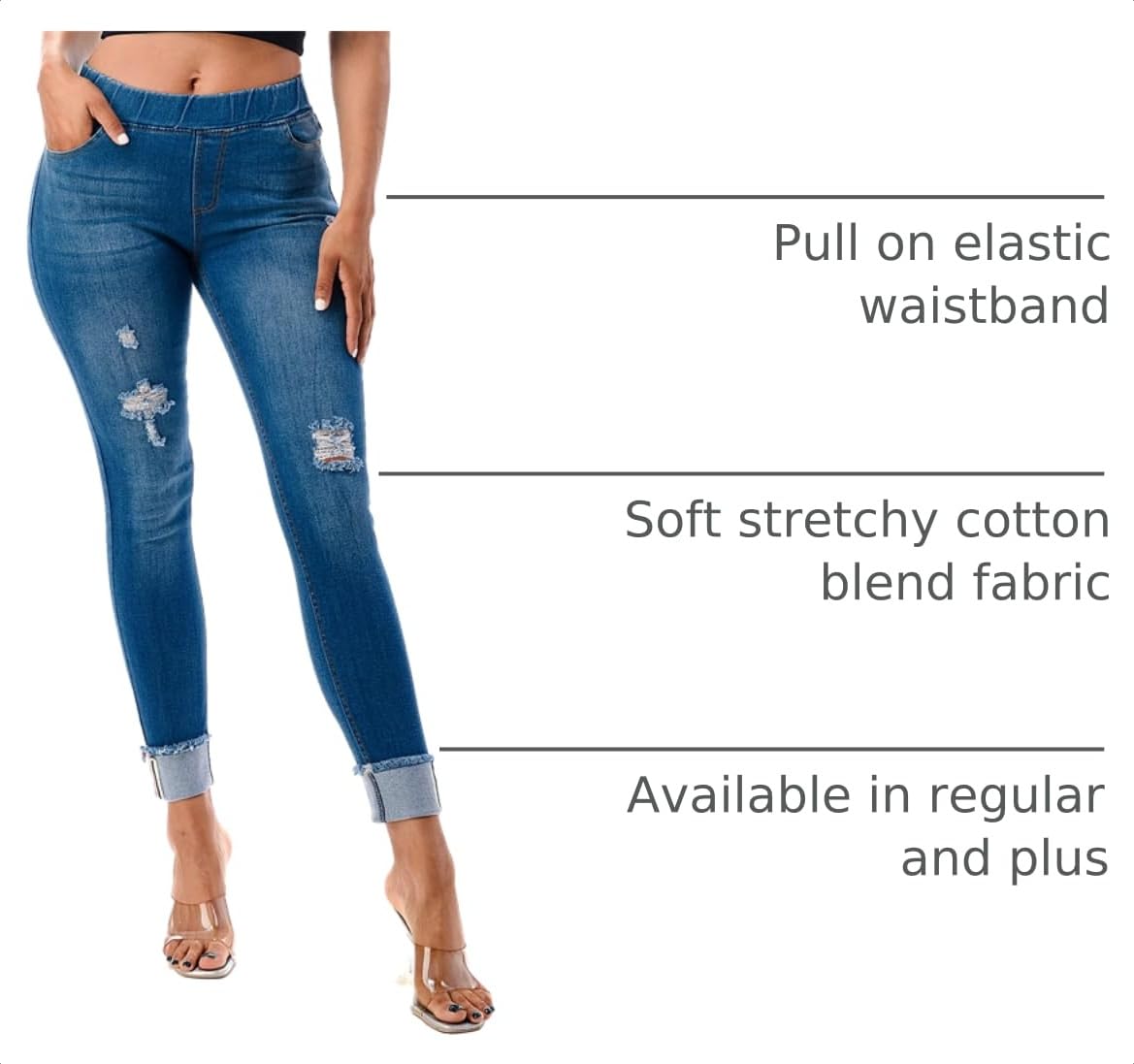 Jvini Women’s Stretch Denim Pull On Jeans with Pockets – Ripped Distressed Elastic Waist Jeggings Skinny Denim Pants