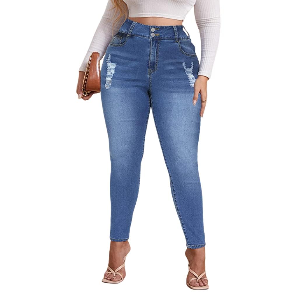 ALLABREVE Womens Plus Size Skinny Jeans Stretchy High Waisted Ankle Jean Ripped Slim Fit Washed Denim Distressed Tight Jean