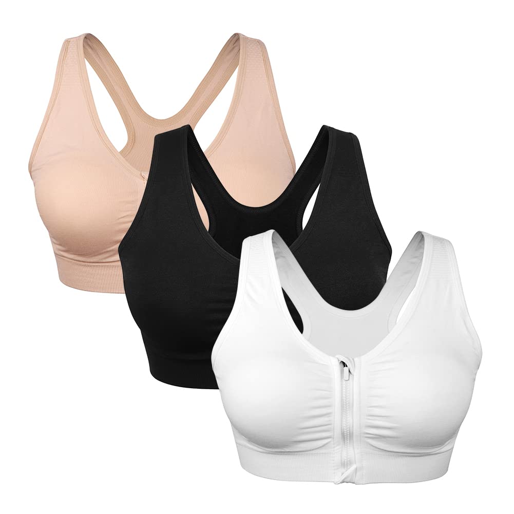 Women's Zip Front Sports Bra Wireless Post-Surgery Bra Workout Sports Bras | Zipper Front Closure, Surgical Mastectomy Bra, Post Op, Compression, Comfort, Medium Support, Active, Yoga, Removable Pads